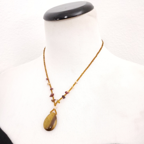 Stone Pendant on a tan Beaded Necklace - Picture 6 of 7